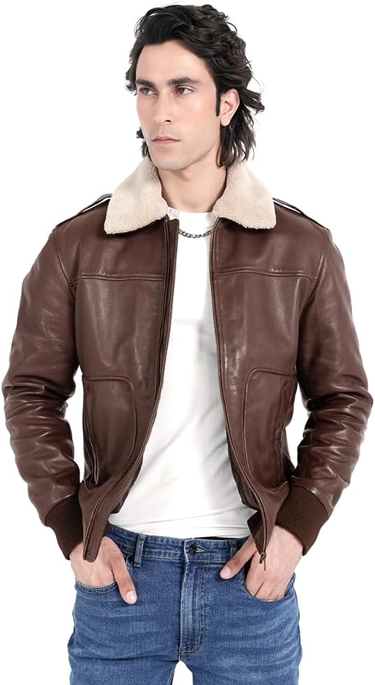 Men's Genuine Lambskin Leather Bomber Jacket with Removable Sherpa Collar – Brown Premium Aviator Style