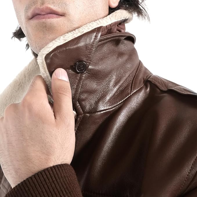 Men's Genuine Lambskin Leather Bomber Jacket with Removable Sherpa Collar – Brown Premium Aviator Style