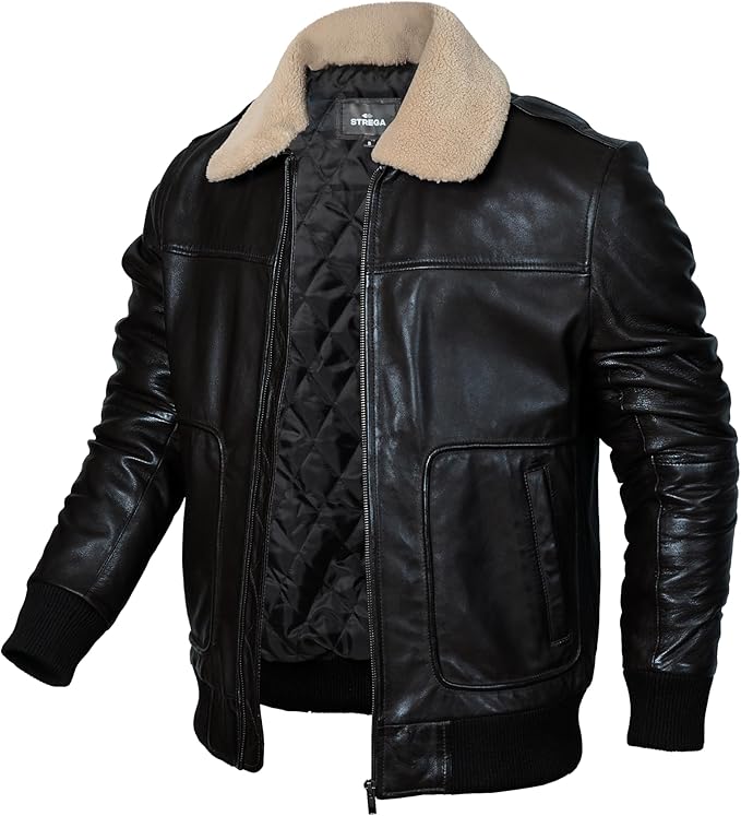 Men's Genuine Lambskin Leather Bomber Jacket with Removable Sherpa Collar – Brown Premium Aviator Style