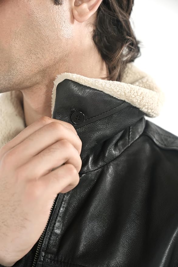 Men's Genuine Lambskin Leather Bomber Jacket with Removable Sherpa Collar – Brown Premium Aviator Style
