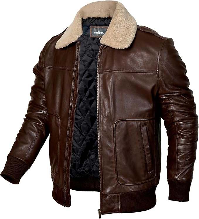 Men's Genuine Lambskin Leather Bomber Jacket with Removable Sherpa Collar – Brown Premium Aviator Style