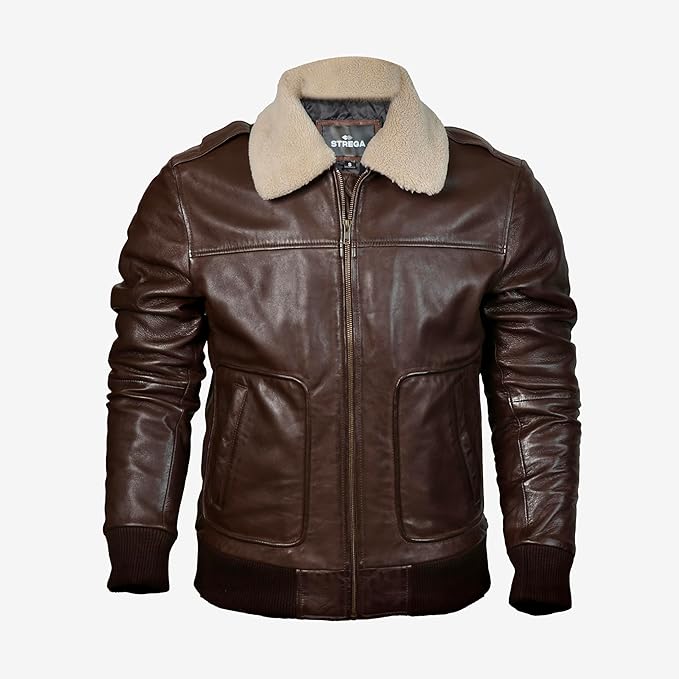Men's Genuine Lambskin Leather Bomber Jacket with Removable Sherpa Collar – Brown Premium Aviator Style