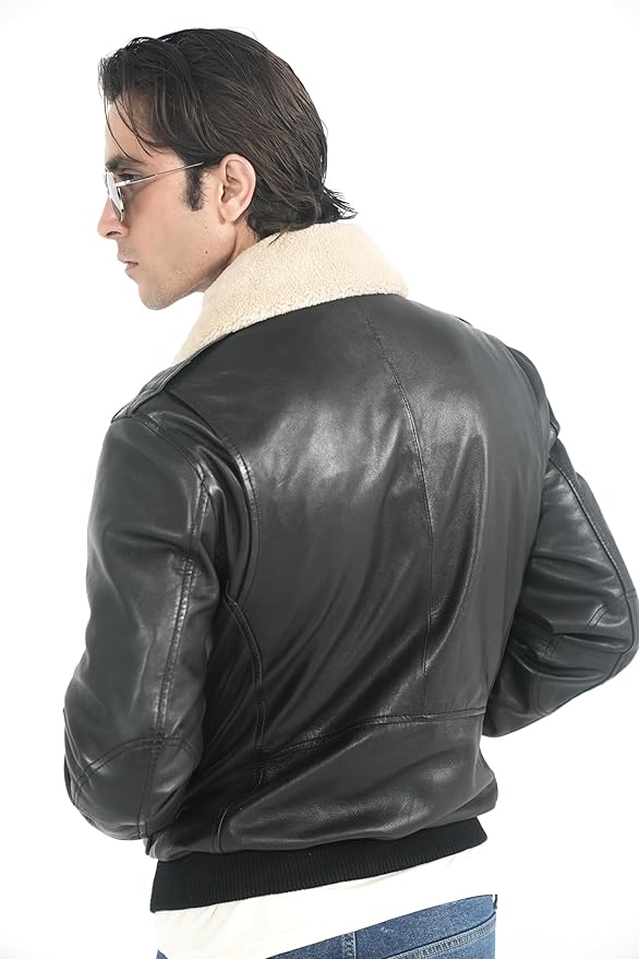 Men's Genuine Lambskin Leather Bomber Jacket with Removable Sherpa Collar – Brown Premium Aviator Style