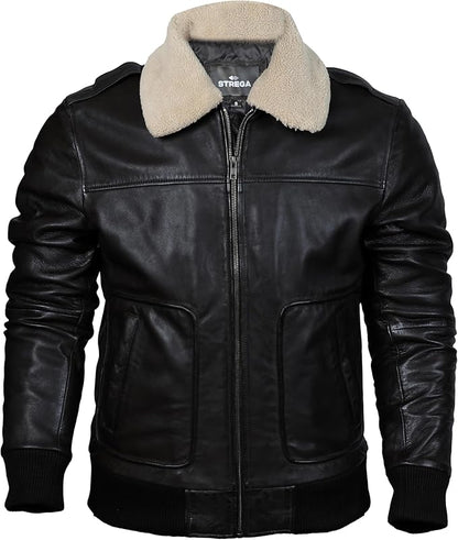 Men's Genuine Lambskin Leather Bomber Jacket with Removable Sherpa Collar – Brown Premium Aviator Style