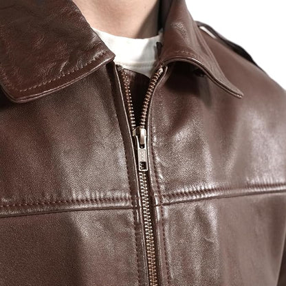 Men's Genuine Lambskin Leather Bomber Jacket with Removable Sherpa Collar – Brown Premium Aviator Style