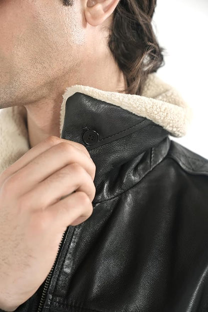 Men's Genuine Lambskin Leather Bomber Jacket with Removable Sherpa Collar – Brown Premium Aviator Style