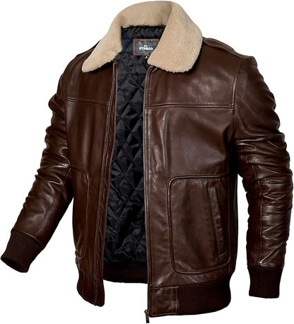 Men's Genuine Lambskin Leather Bomber Jacket with Removable Sherpa Collar – Brown Premium Aviator Style